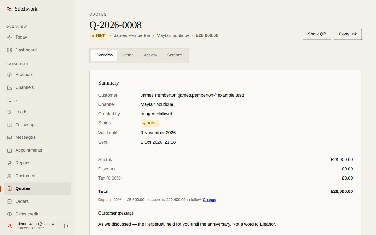 A quote in Stitchwork: the total, the deposit to secure it, and the link that opens it on the client's phone