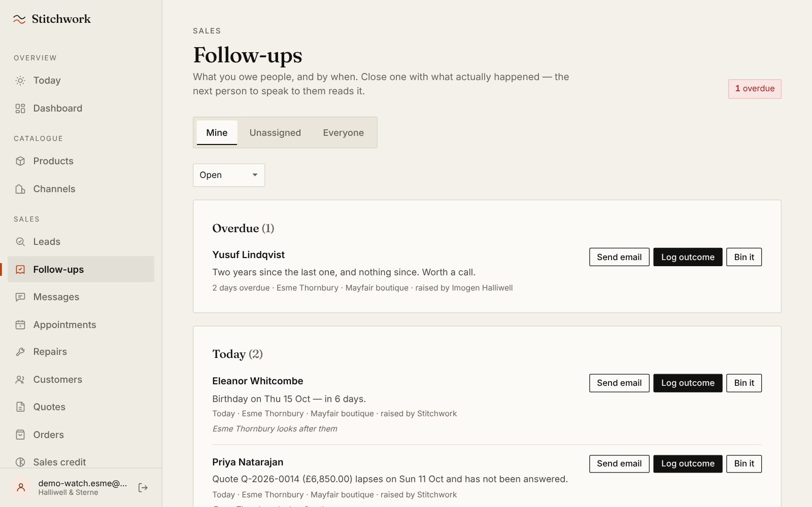 Esme's follow-ups: one overdue and two for today, each with its reason, who raised it, Send email and Log outcome